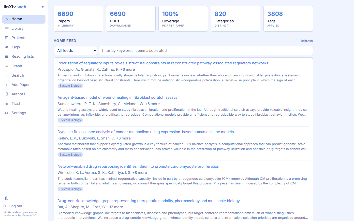 Home page with counts and feed