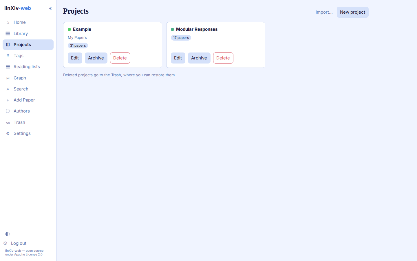 Projects page