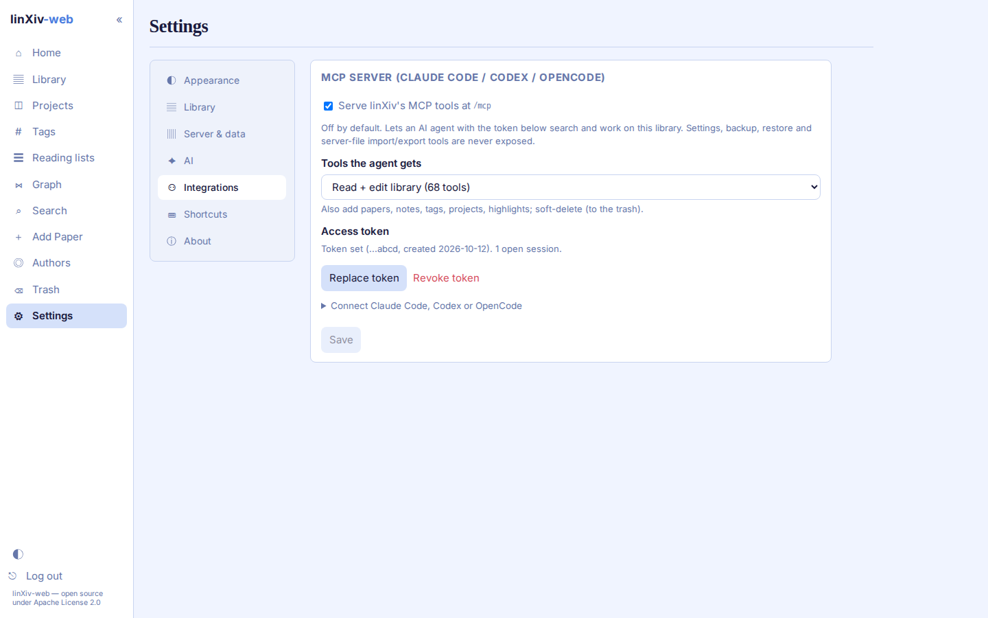 MCP server card in Settings → Integrations